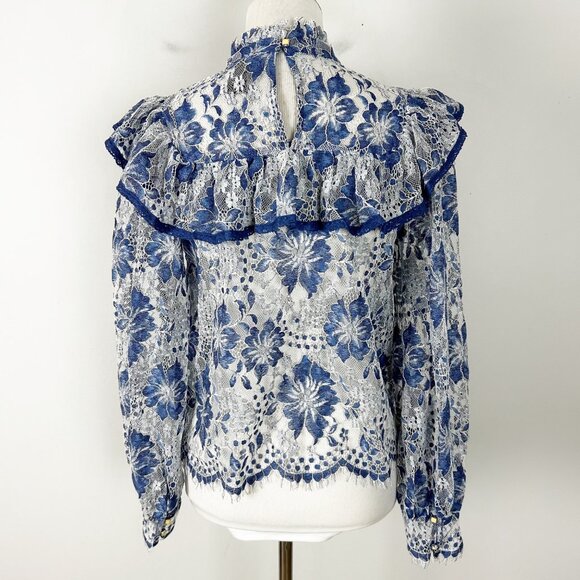 Vici Blue Floral Lace Top Ruffle Neckline Fairy Boho Size Small Women's - Picture 4 of 5